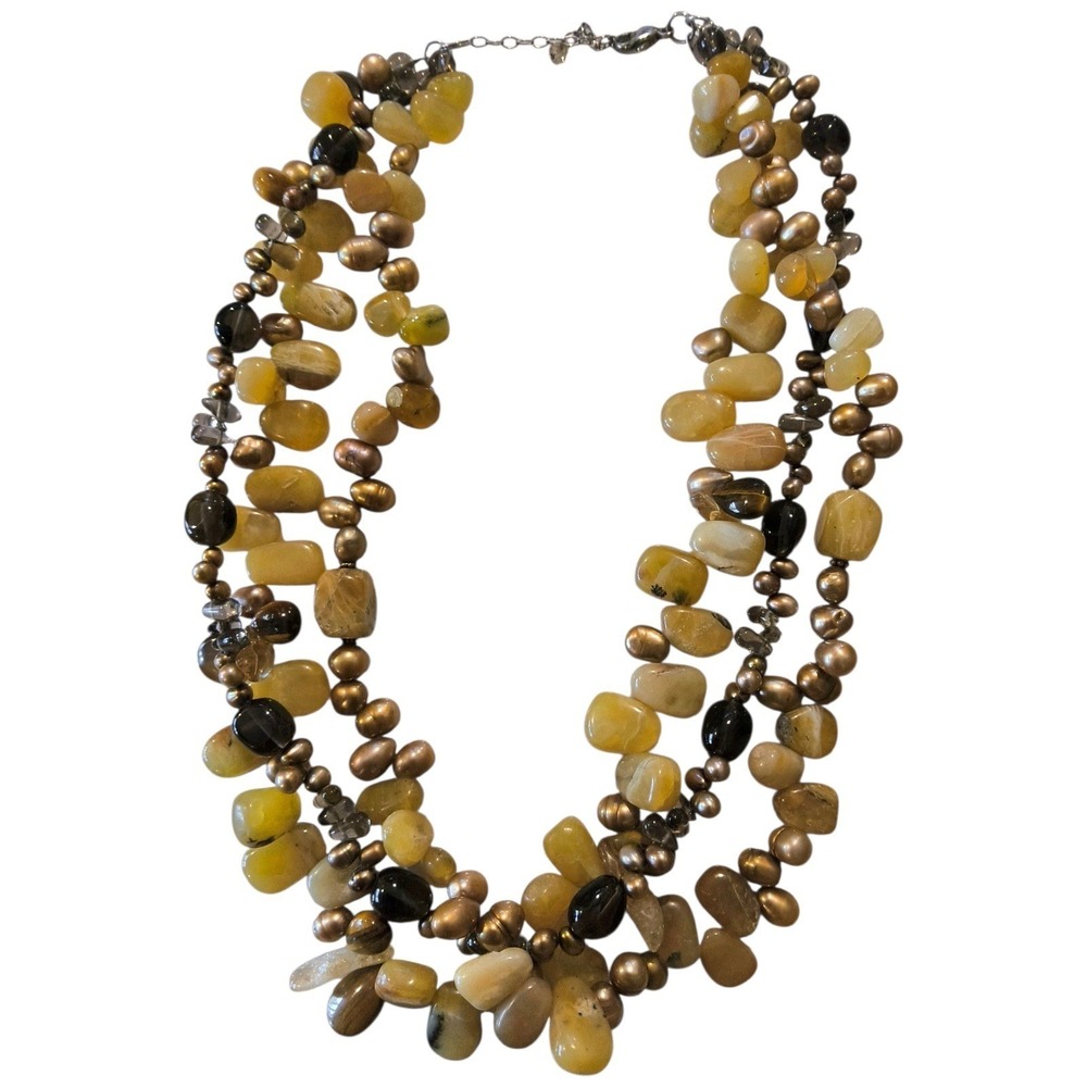 TJT‎ 925 Multi Strand Tiger Eye Agate Pearl Necklace Statement Sterling Silver